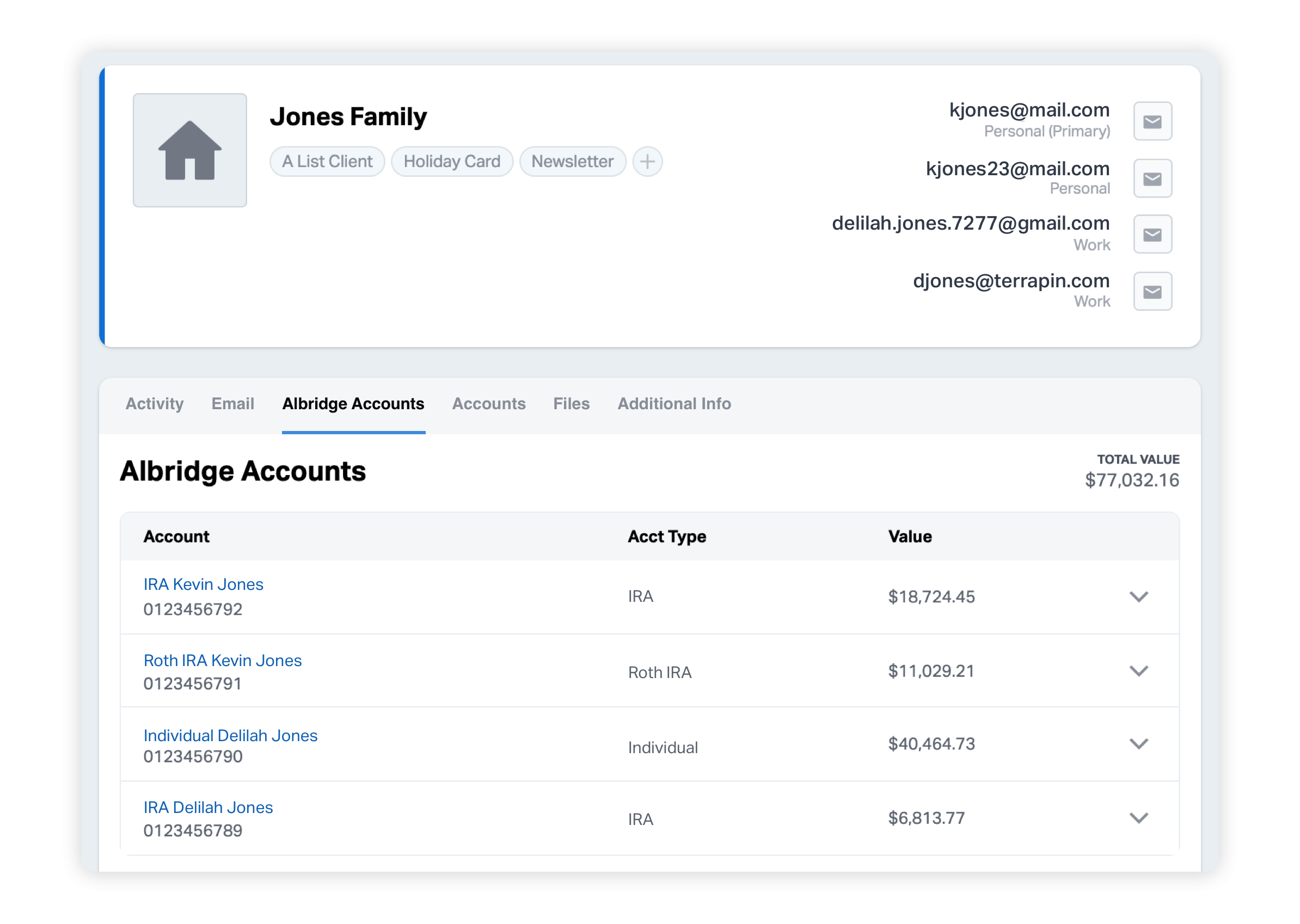 Albridge accounts are shown on client records within Wealthbox.