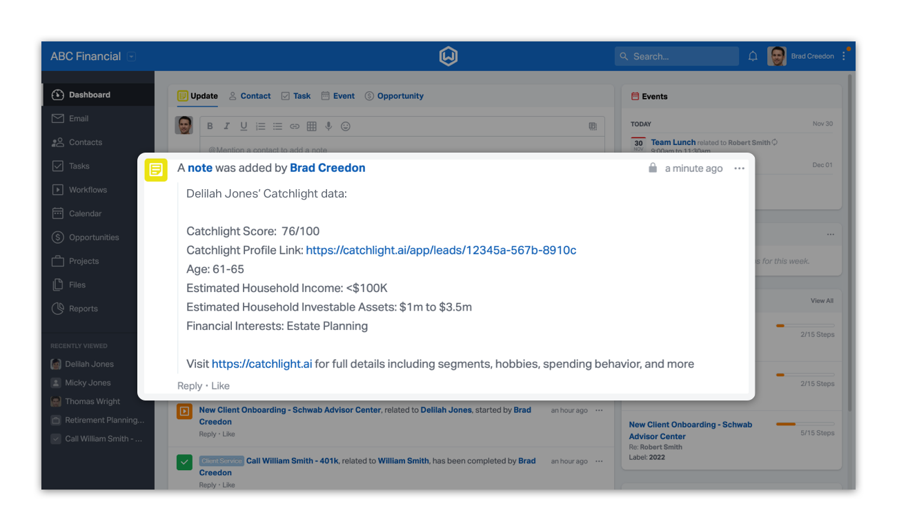 Data insights are then sent back in real time into Wealthbox and added to the Wealthbox contact record as a note.