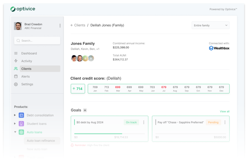 The Optivice dashboard with integrated Wealthbox contact data.