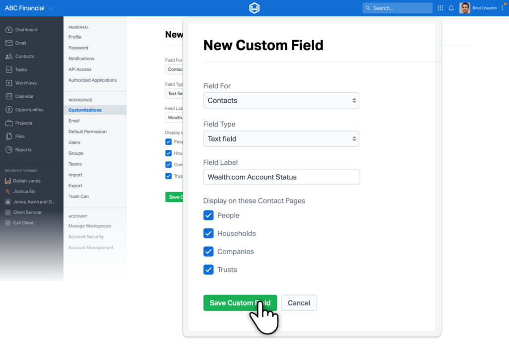 Creating a custom field for Wealth.com in Wealthbox