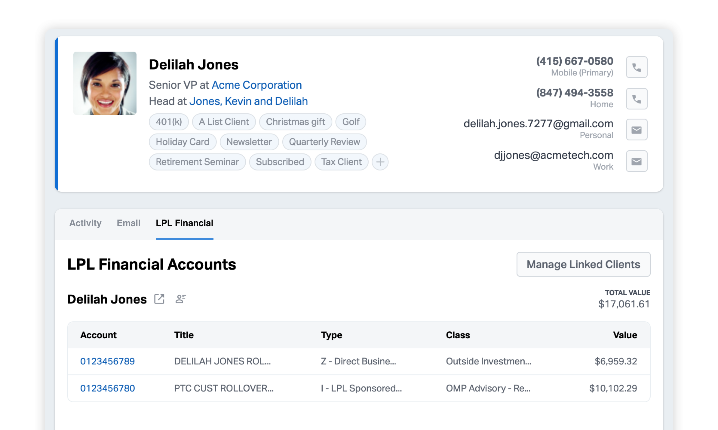 LPL ClientWorks account data in a Wealthbox contact record – possible due to the integration between Wealthbox and LPL ClientWorks.