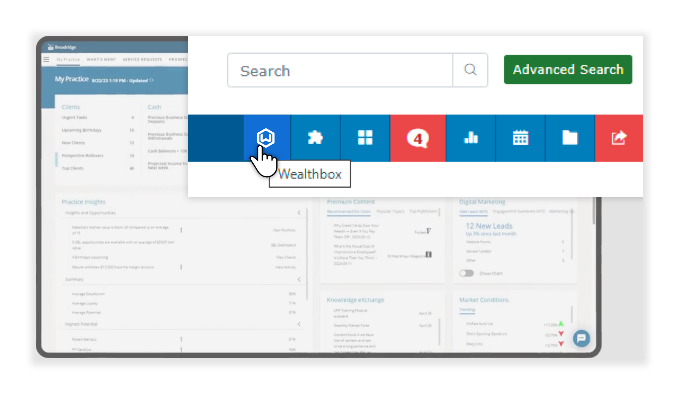 Access Wealthbox with the click of a button in the Broadridge Wealth Aggregation and Insights platform