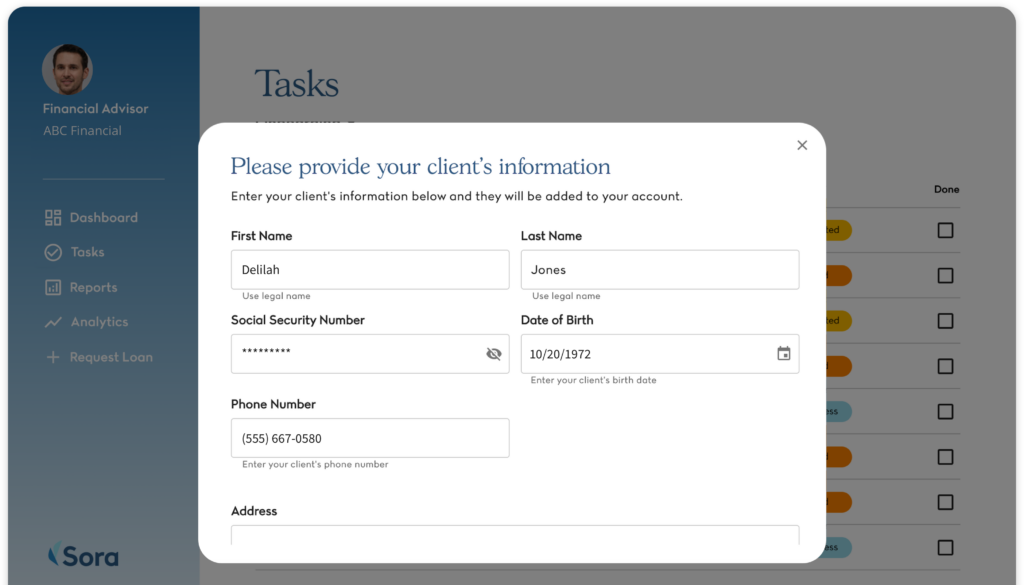 Wealthbox contact details prepopulated in Sora's onboarding task modal.