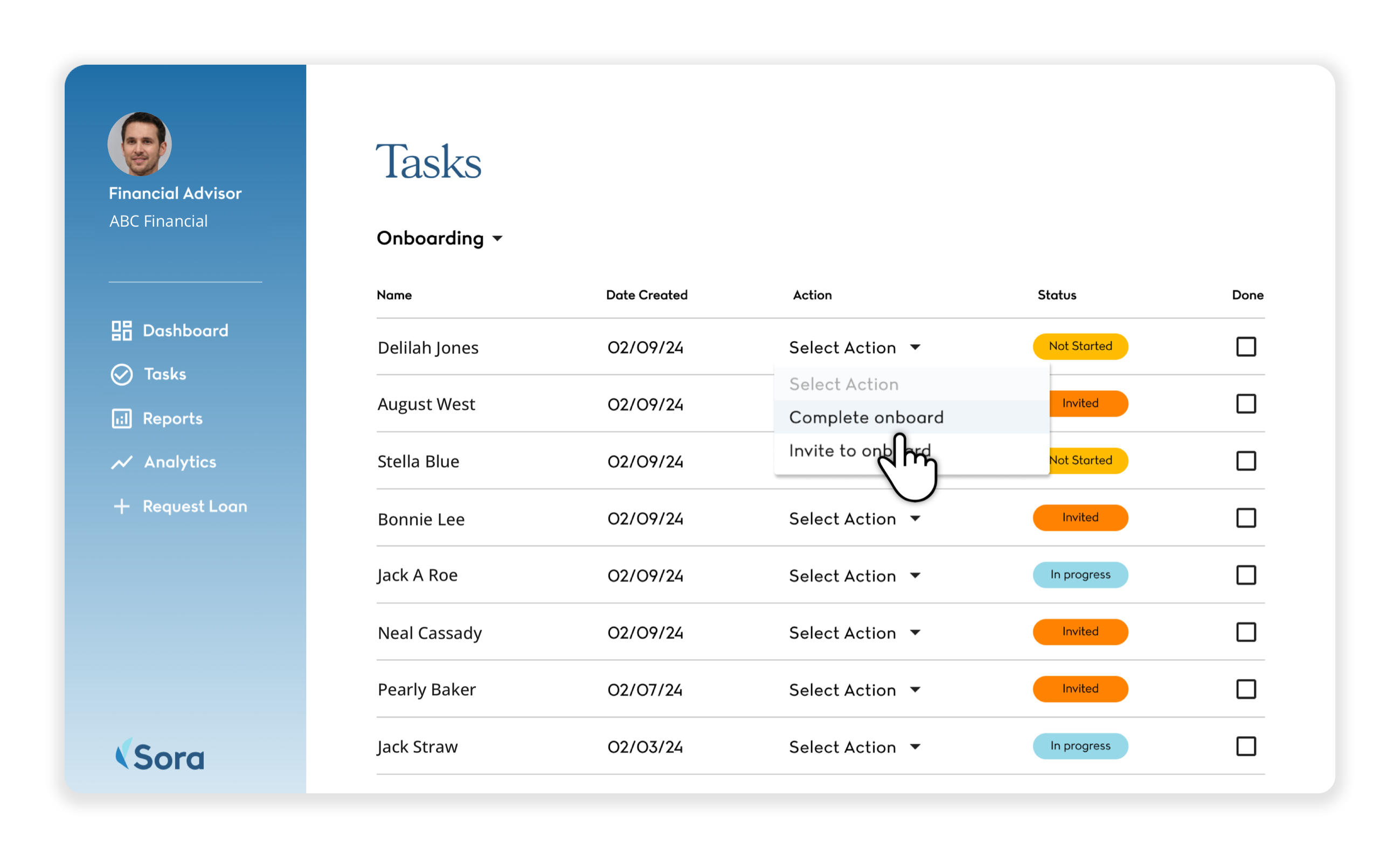 Once the integration is enabled, Wealthbox contact records are pre-populated in Sora to kick off the onboarding process.