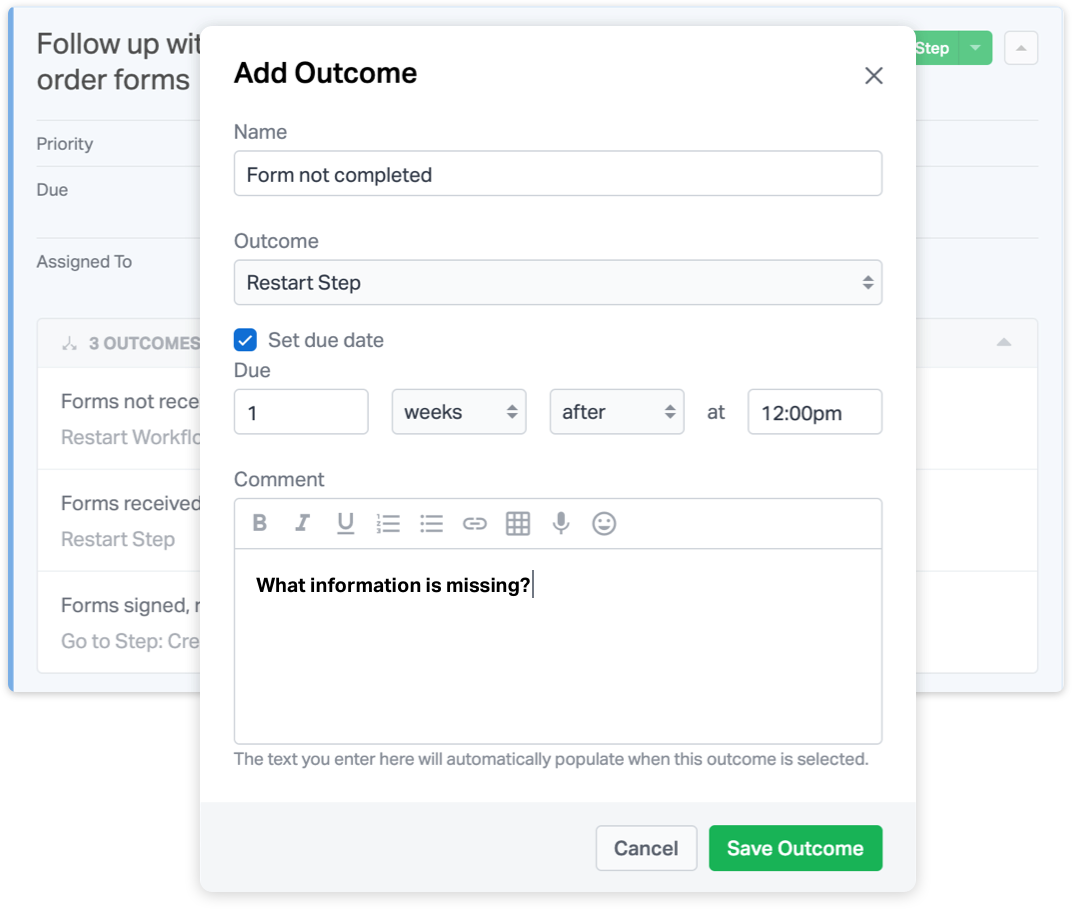 Adding a new outcome with a templated comment in Wealthbox.