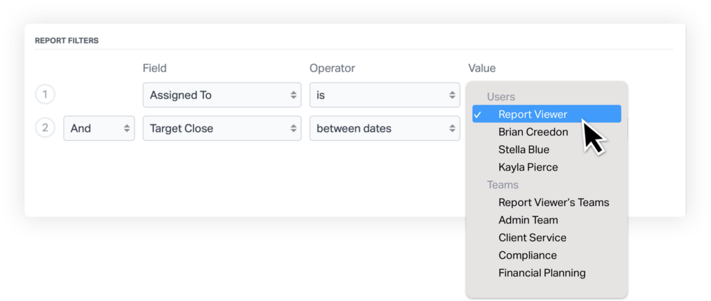 Adding a dynamic report filter for "Report Viewer" to a report template in Wealthbox.