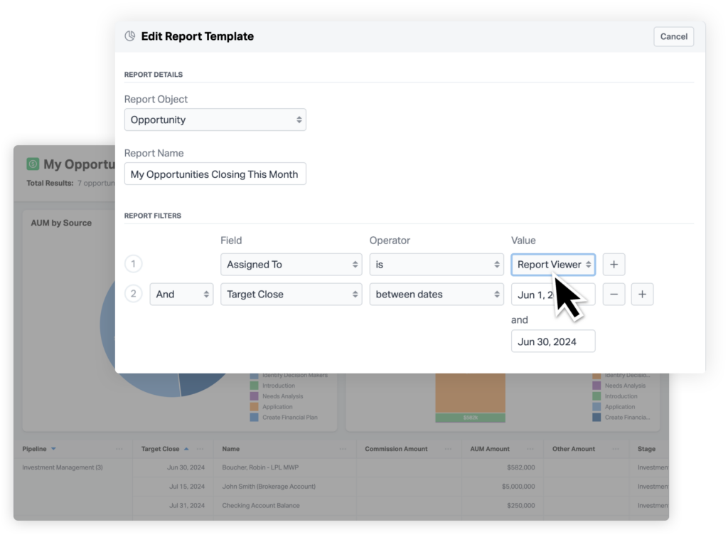 A dynamic filter for report viewer added to a report in Wealthbo to show only the financial advisors opportunity's closing in a given month.