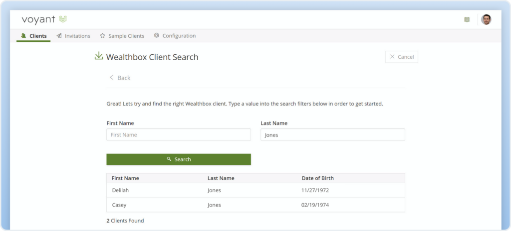 Searching for Wealthbox clients to import into Voyant.
